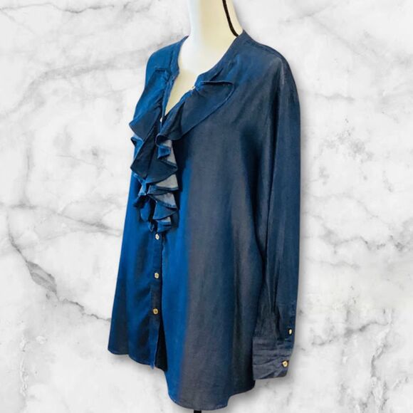 C. Wonder Blue Denim Chambray Ruffled Front Button Shirt Tunic 22W - Picture 4 of 10
